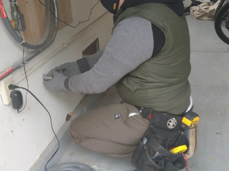 Electrician performing outlet wiring in a Cannon garage